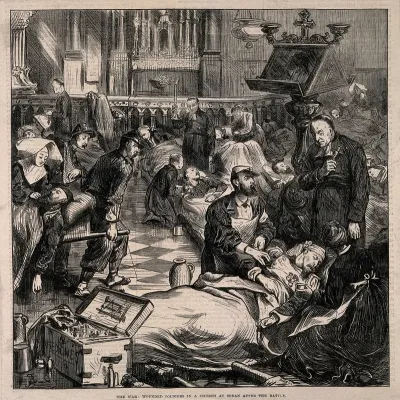 Franco-Prussian War: wounded soldiers being treated in a church in Sedan