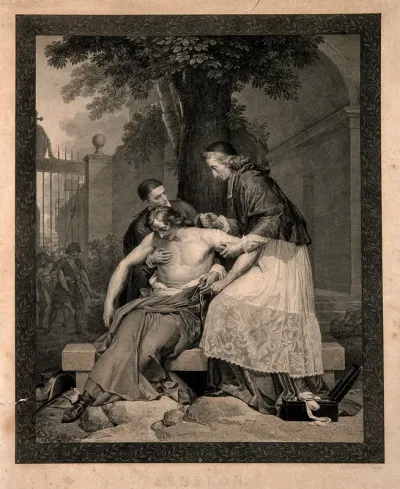 François Fénelon as archbishop of Cambrai bandaging a soldier wounded in the War of Spanish Succession