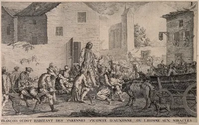 François Oudot, Viscount of Auxonne, healing and exorcising people in a village square