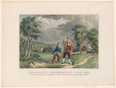 Franklin's Experiment, June 1752 – Demonstrating the identity of Lightning and Electricity, from which he invented the Lightning Rod
