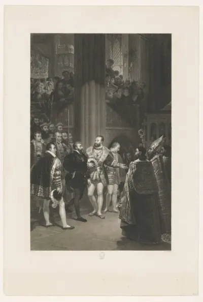 Frans I van Frankrijk en keizer Karel V bezoeken de kerk van Saint-Denis