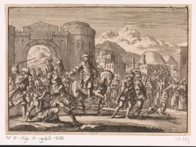 Franse gezant bij de sultan komt te paard Jeruzalem binnen, 1674