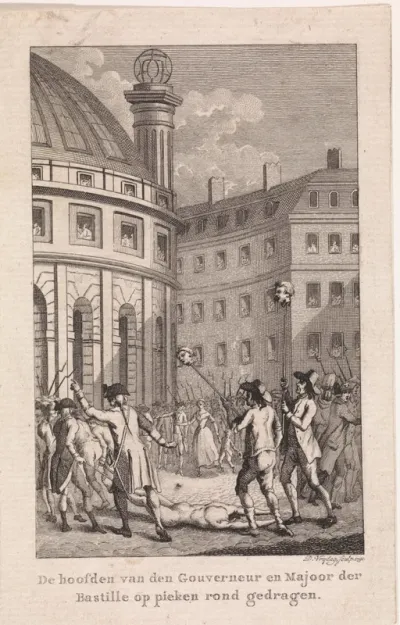 Franse soldaten dragen de hoofden van Launay en De Flesselles door de straten van Parijs