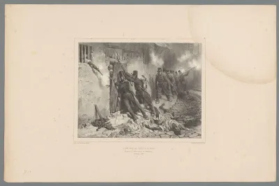 Franse soldaten in gevecht met de Arabieren, bevelhebber Th. le Blanc ligt dood op straat, 13 oktober 1837