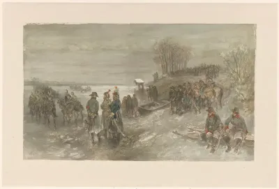 Franse troepen trekken over een bevroren rivier