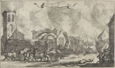 Franse troepen trekken plunderend en schietend door de ruïnes van het dorp Nigtevecht, 1672