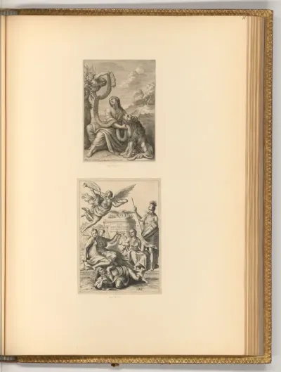 Frau mit Feston geschmückt, neben ihr ein Löwe; Allegorie auf die Malerei, Skulptur und Architektur