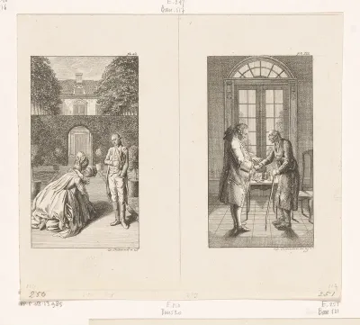 Frau von Weesen met Alexander en Lorchen in de tuin en Herr von Geldern en de oude man