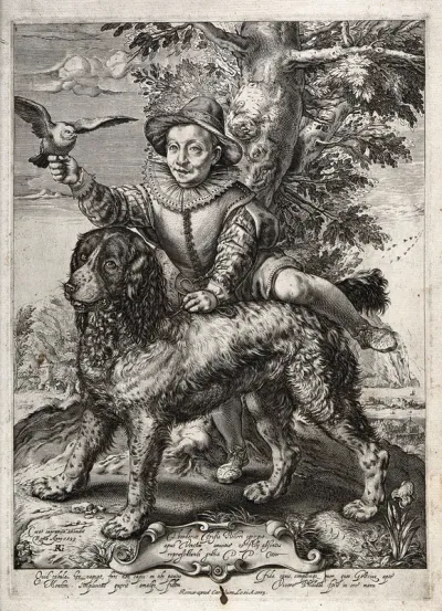 Frederick de Vries, an apprentice of Hendrik Goltzius, is shown holding a dove aloft in one hand while throwing his leg over a large hunting dog, as if about to take a ride on it