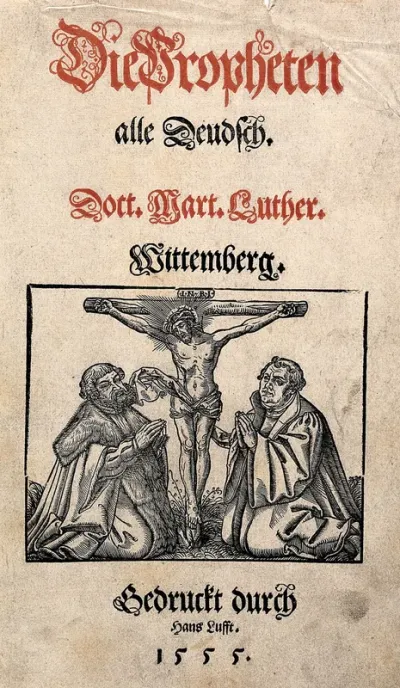 Frederick III, Elector of Saxony (Frederick the Wise) and Martin Luther kneeling at the feet of Christ on the cross