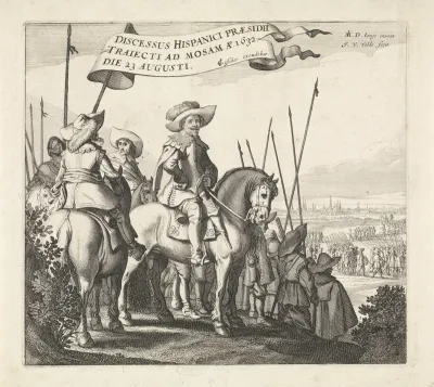 Frederik Hendrik, prins van Oranje, te paard bij het verlaten van de Spanjaarden uit Maastricht, 1632