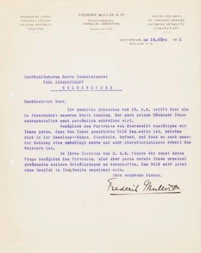 Frederik Muller's letter to Paul Sinebrychoff 16.3.1912