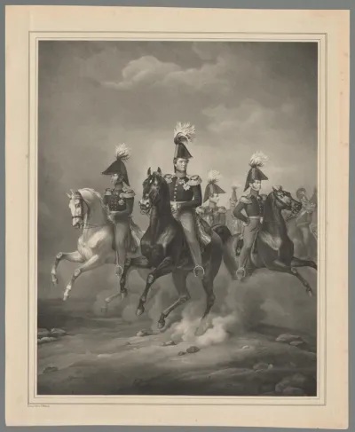 Frederik Willem IV te paard te midden van andere ruiters