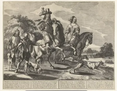 Frederik Willem, keurvorst van Brandenburg en Louise Henriëtte, prinses van Oranje-Nassau tijdens valkenjacht