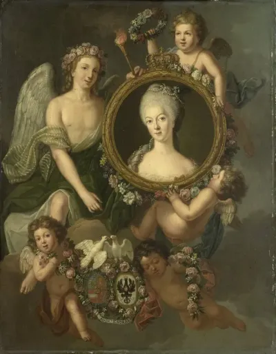 Frederika Sophia Wilhelmina (Wilhelmina; 1751-1820), prinses van Pruisen, in een medaillon, vergezeld van toespelingen op haar huwelijk te Berlijn, 4 oktober 1767, met Willem V, prins van Oranje-Nassau