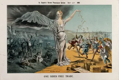 Free trade represented as a woman: the left half is a skeleton being cursed by unemployed and starving British workers; the right half is a beautiful young woman who is giving gold to importers of foreign goods