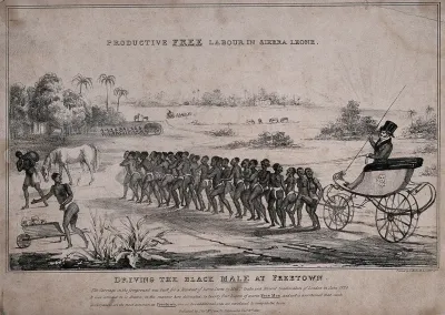 Freetown, Sierra Leone: African men wearing loincloths are pulling the carriage of a European man holding a rod