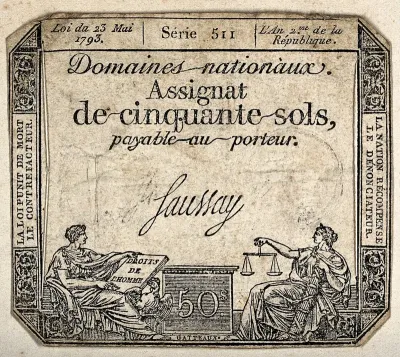French revolutionary bank note of fifty sols, with allegorical figures of liberty and justice