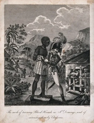 French sailors feeding manacled black slaves in San Domingo to ravenous blood-hounds
