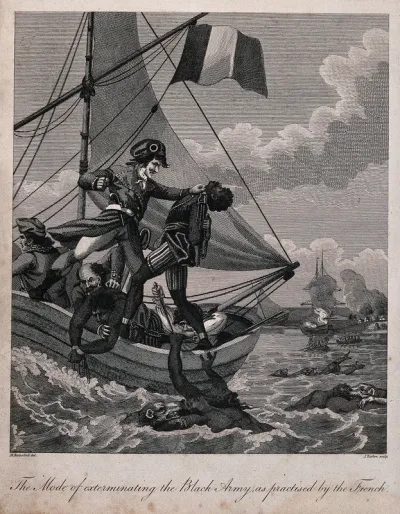 French sailors throwing manacled black soldiers off a ship into the a sea populated by large carnivorous animals