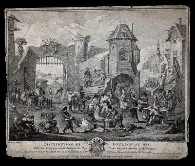 French soldiers requisitioning food from civilians inside a German fortified town
