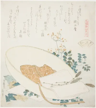 Freshly-Picked Flowers in a Traveler’s Hat, illustration for "The Thousand-grasses Shell," from the series A Matching Game with Genroku-period Poem Shells (Genroku kasen kai awase)"