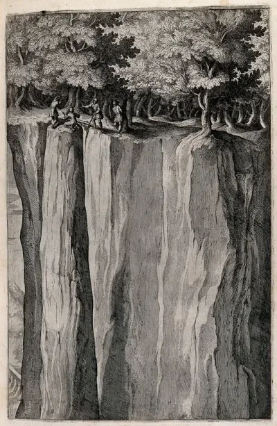 Friar Lupo and his companions on a precipice on mount La Verna