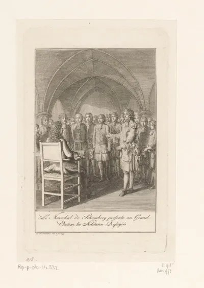 Friedrich I wordt voorgesteld door de hertog van Schomberg
