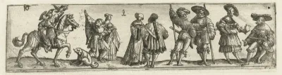 Fries met mannen, vrouwen en soldaten