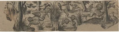 Fries met tien vogels bij water