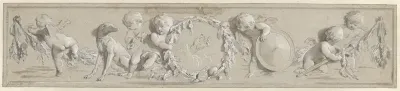 Fries van putti met bloemenkransen gegroepeerd om een hand die een ring vasthoudt