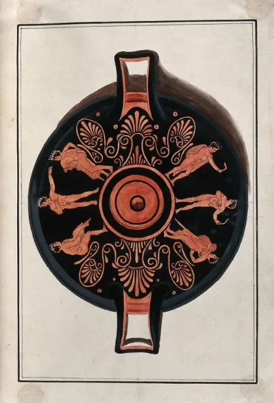 Frieze decorating the inside of a Greek red-figured cup (kylix) showing naked youths and a palm motif