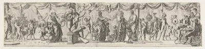 Frieze-like composition of figures walking alongside draped curtains: at left satyrs and children bear a statue of Bacchus on a litter behind an old man (Silenus?), at center two robed satyrs approach a priest, at right Apollo lifts a cup next to sat