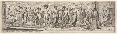 Frieze-like procession of draped women bearing offerings and horns, at right a man cuts a ram's throat before an altar, from a series of twelve frieze-like designs showing bacchanals, sacrifices, and dances
