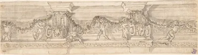 Frieze with Consoles, Putti, and Garlands (recto); Fragment of Architectural design (verso)