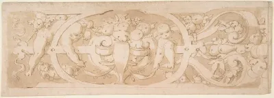 Frieze with Fruit, Foliage and Putti Climbing through Strapwork