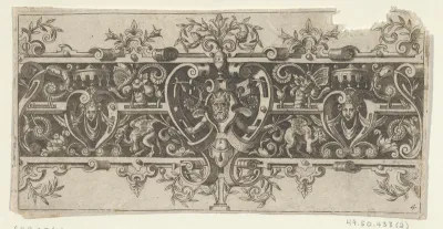 Frieze with Grotesques and a Horned and Bearded Figure Between Strapwork at Center