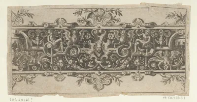 Frieze with Grotesques and a Mask Wearing a Whimple and Crown at Center