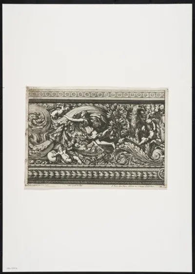 Frieze with male figure, putti and foliate scrolls