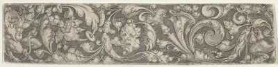 Frieze with Tendrils Growing from a Plant at Right and a Satyr Holding a Shield with the Artist's Monogram