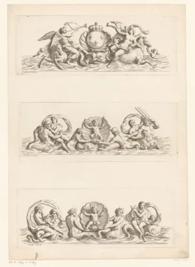 Friezen met wapen van Frankrijk, putti en zeewezens
