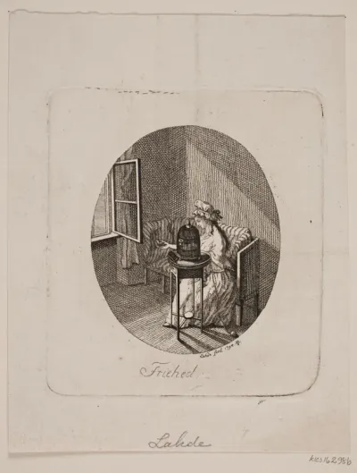 Frihed. Vignet med Dame, der sætter en fugl i frihed