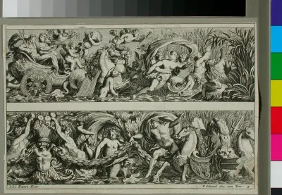 "Frizes Feuillages ou Tritons marins antiques et modernes...", 12 koristefriisin pätkää kuudella lehdellä