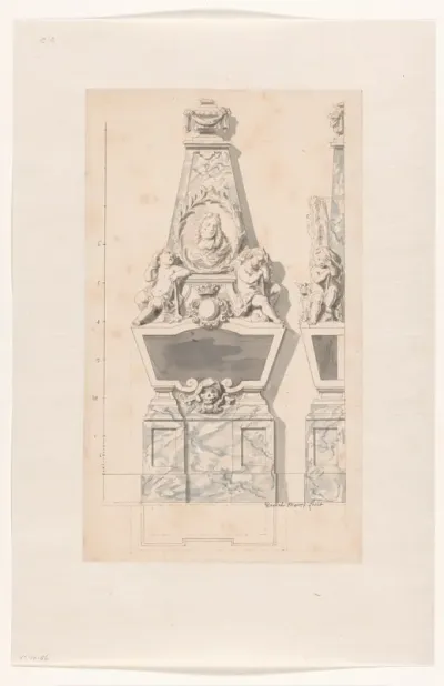 Front-aanzicht met plattegrond en zij-aanzicht van grafmonument