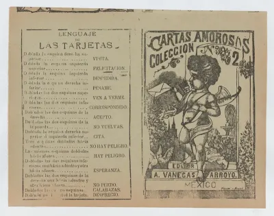Front and back covers printed on the same sheet for a collection of love letters (number 2), Cupid holding a bow in image at the right