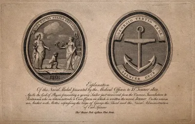 Front and reverse of a medal presented to Jenner by naval medical officers in 1801
