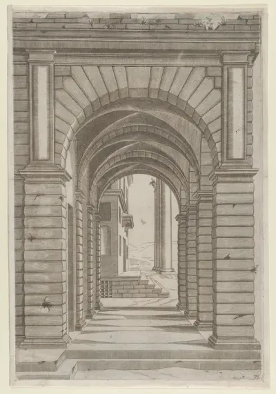 Front of a Building seen sideways through an arcade of four arches on its left front, from "Speculum Romanae Magnificentiae"