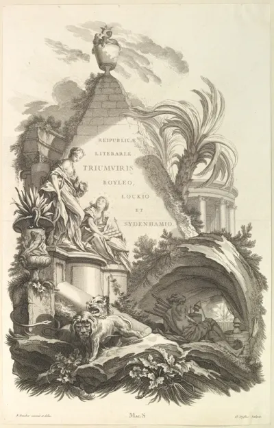 Frontispice pour le "Tombeau de Boyle, Locke, et Sydenham" (Frontispiece for the "Tomb of Boyle, Locke, and Sydenham"), from Tombeaux des Princes, des Grands Capitaines et autres Hommes illustres (Tombs of Princes, Great Captains, and other Illustrio