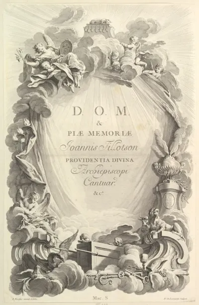 Frontispice pour le "Tombeau de John Tillotson, archevêque de Cantorbéry" (Frontispiece for the "Tomb of John Tillotson, Archbishop fo Canterbery), from Tombeaux des Princes, des Grands Capitaines et autres Hommes illustres (Tombs of Princes, Great C