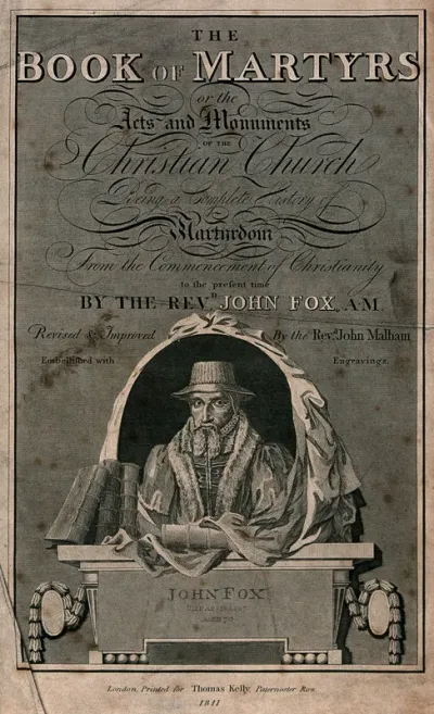 Frontispiece for Fox's Book of Martyrs, showing John Fox in a decorative panel
